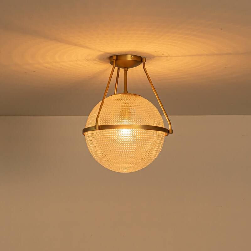 1-Light 14.17" Black/Gold Modern Textured Grid Glass Globe Semi-Flush Mount Light