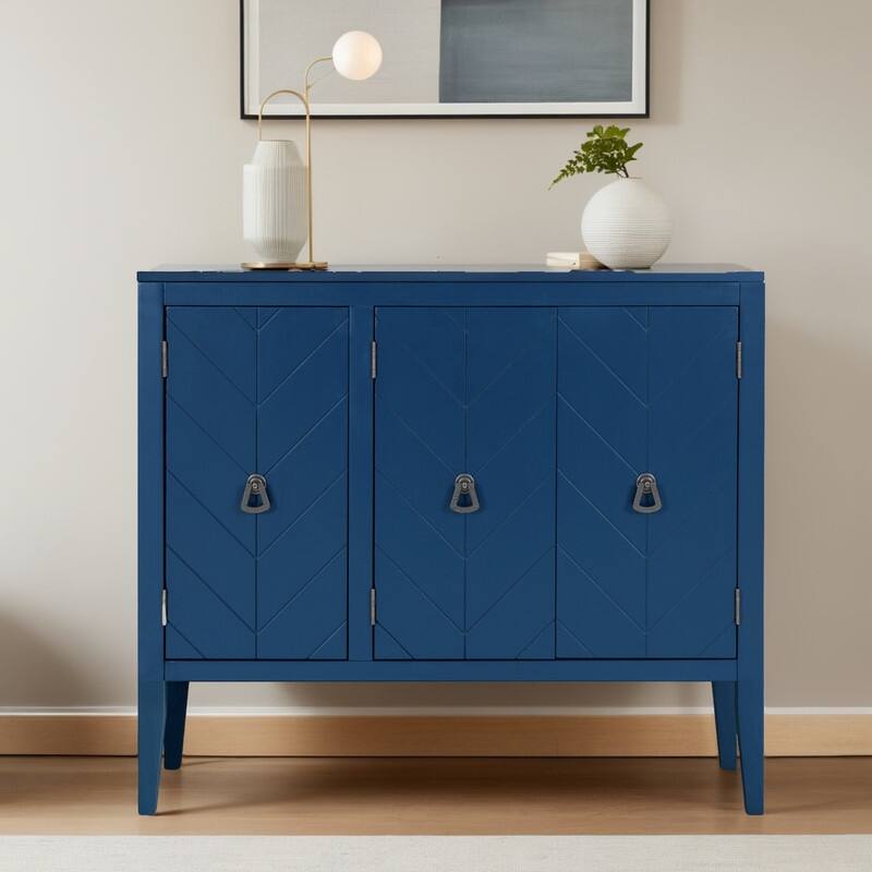Adjustable Shelf Storage Sideboard with 3 Retro Metal Handles and 4 Pinewood Legs, for Entryway - Navy Blue