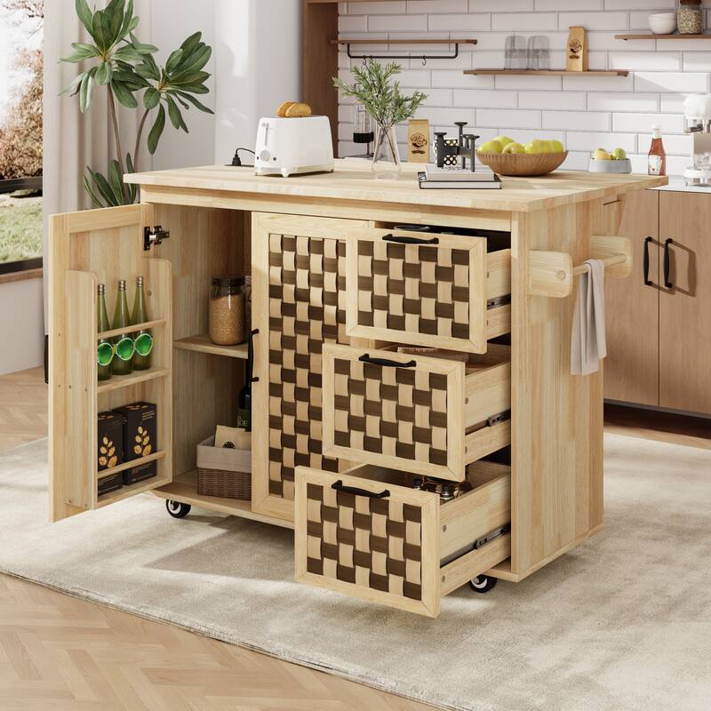 Modern Woven Checkerboard Kitchen Island with Folding Panel, Interior Storage Shelves, 3 Drawers and 2 Cabinets, for Kitchen - Brown