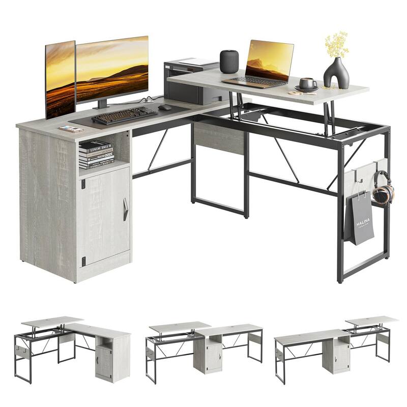 Versatile 60" L Shaped Standing Desk with Lift Top & Storage Cabinet, Adjustable Height Corner Desk with Hooks - White Wash