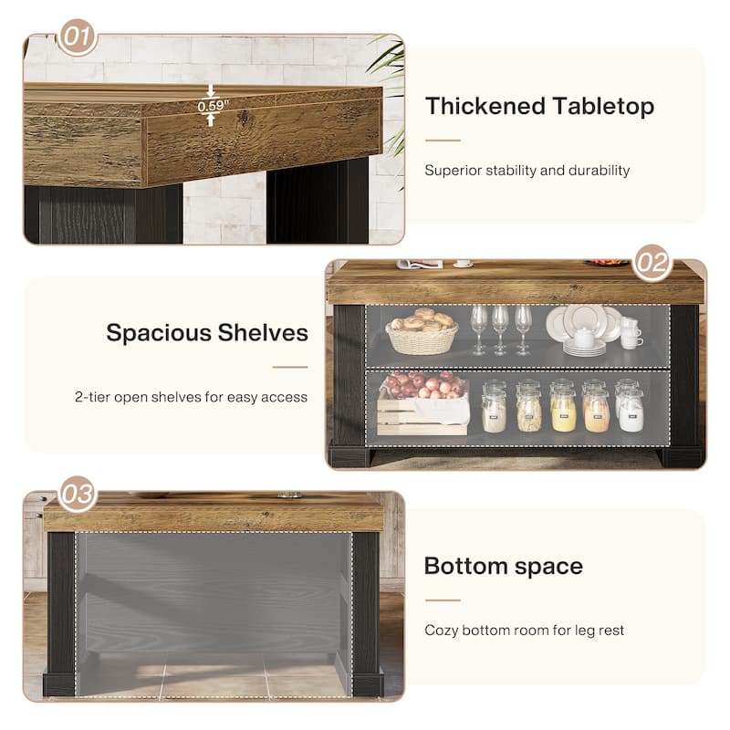 59 Inch Stationary Kitchen Island with Seating and Shelves, Farmhouse Style - 31.5" D x 55.12" W x 35.43" H