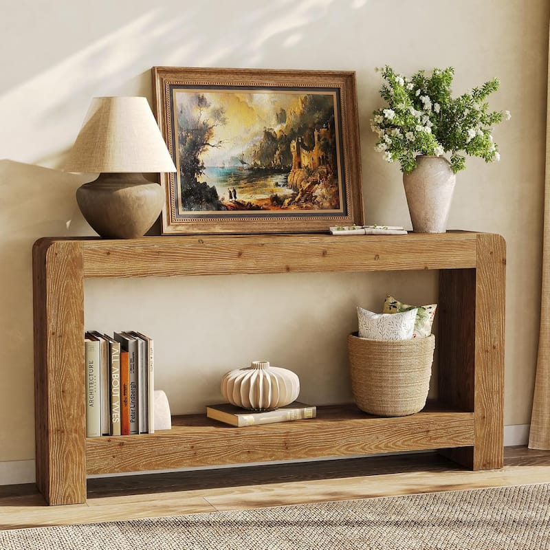 Solid Wood Console Table with Storage, 63-Inch Farmhouse Entryway Table - 62.99" L x 11.81" W x 33.46" H