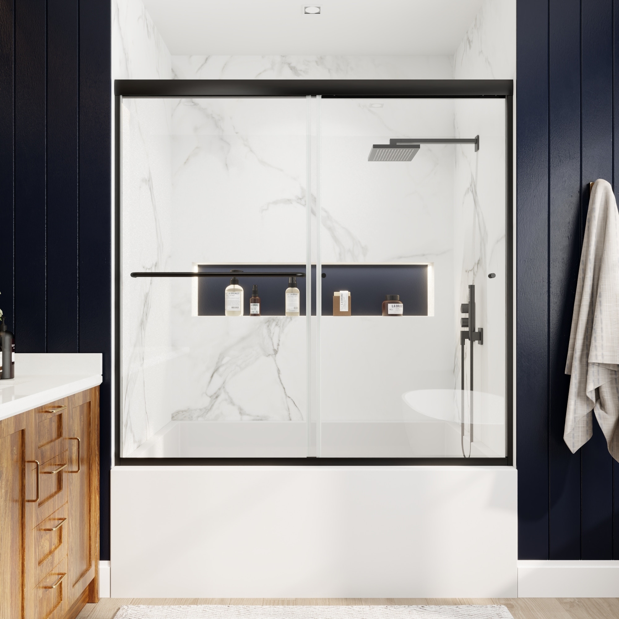 Modland 56-60" Sliding Bathtub Door, 1/4" ANSI Glass with Dual Protection Film, Matte Black Bypass Tub Enclosure