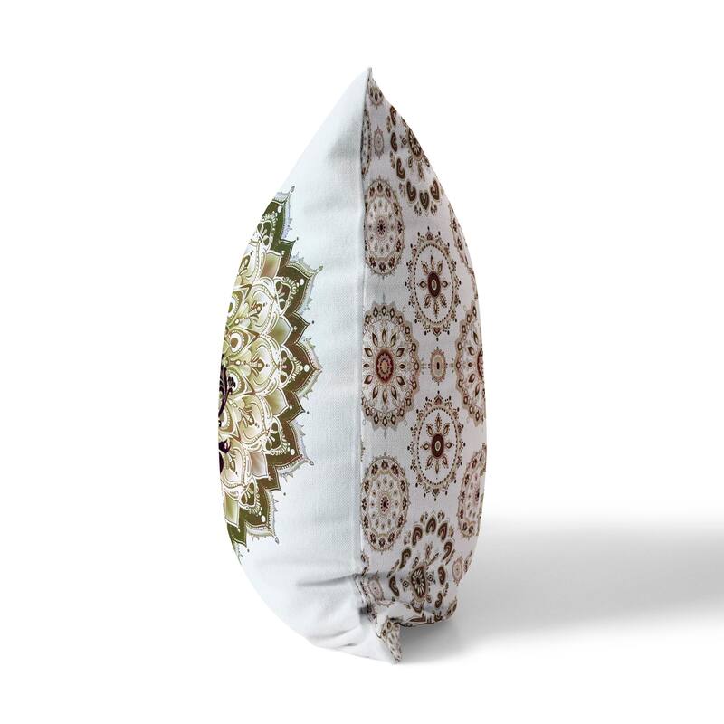 Inner Peace Circle Faux Suede Pillow With Removable Cover in White Olive Black - 18" x 18"