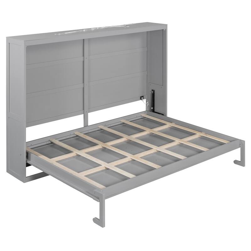 Modern Queen Size Murphy Wall Bed with LED Lights, Space-Saving Design, Gray