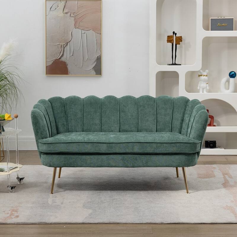 Small Mini Room Couch Two-Seater Sofa with Gold Metal Leg - 2 Seat - Green Chenille