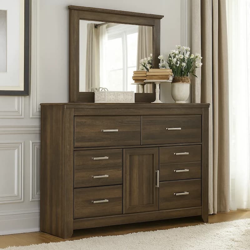 Rye 2pc Dresser and Mirror Set, 6 Drawers w Cabinet, Dark Brown