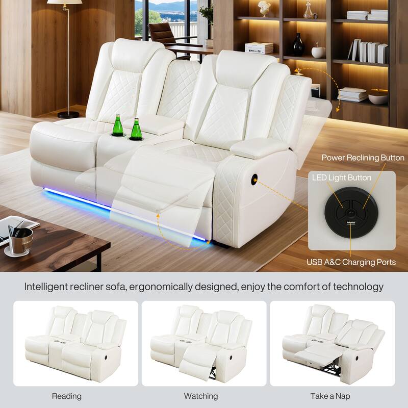 Off-White Breathing Leather 3-Piece Living Room Recliner Sofa set