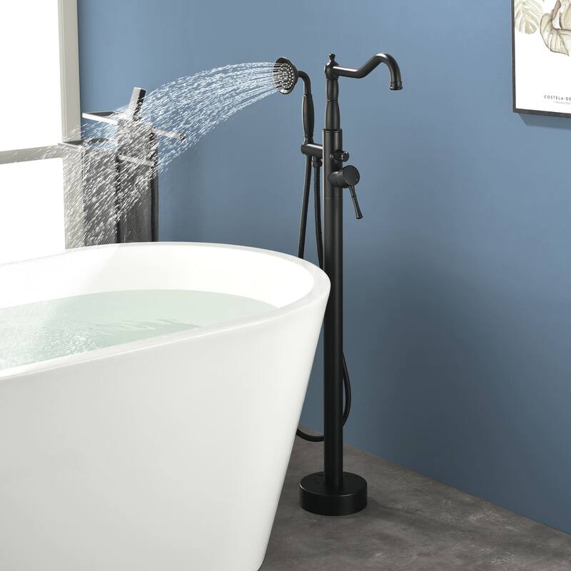 Freestanding Bathtub Faucet High Flow Rate Single Handle Floor Mounted Tub Faucets with Hand Sprayer Swivel Spout Tub Fillers