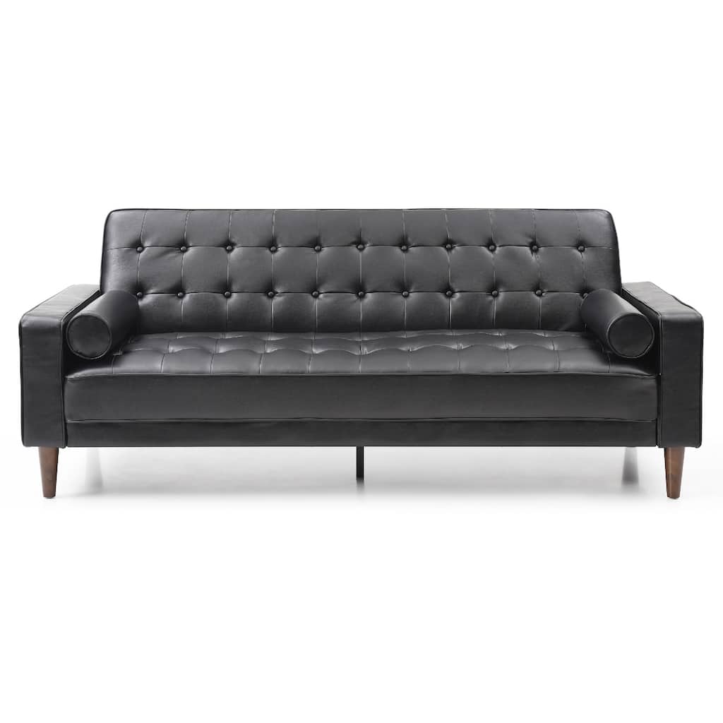 Flared Arm Faux Leather Tufted Straight Sofa with Bolster Pillows - 85" - Black