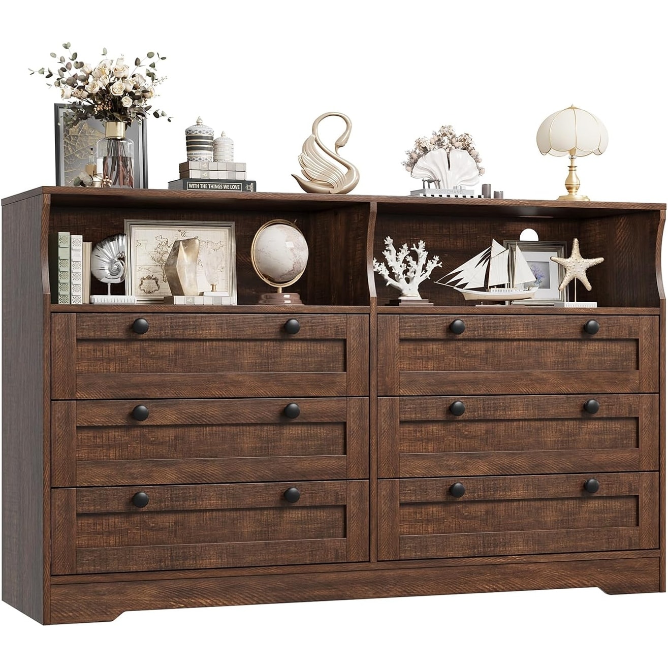 55" Rustic Brown 6-Drawer Wood Dresser, Modern Storage Organizer for Bedroom, Living Room, Closet & Entryway