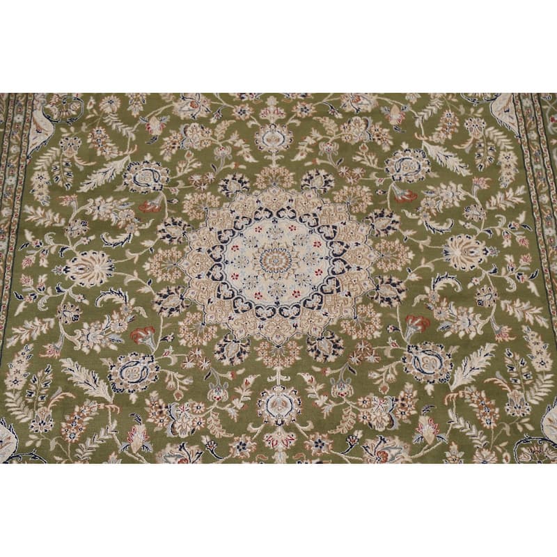 Traditional Green Kashan Oriental Area Rug Floral Wool & Silk Carpet - 9'0"x 12'0"