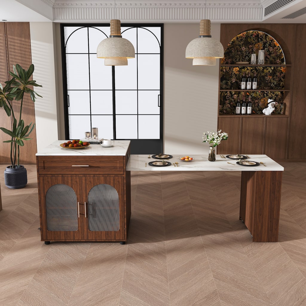 80-Inch Expandable Mobile Kitchen Island with Dining Table, Marble-Grain Top & Power Outlet