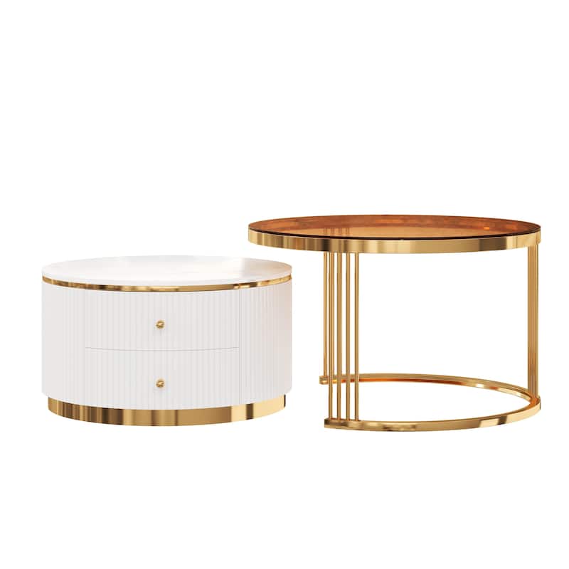 Modern 2 Pieces Round Nesting Coffee Table with Drawers and Brown Tempered Glass Top in 27.6"