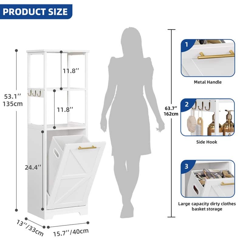 53"H 3-Tier Tilt Out Laundry Hamper Bathroom Storage Shelf Cabinet
