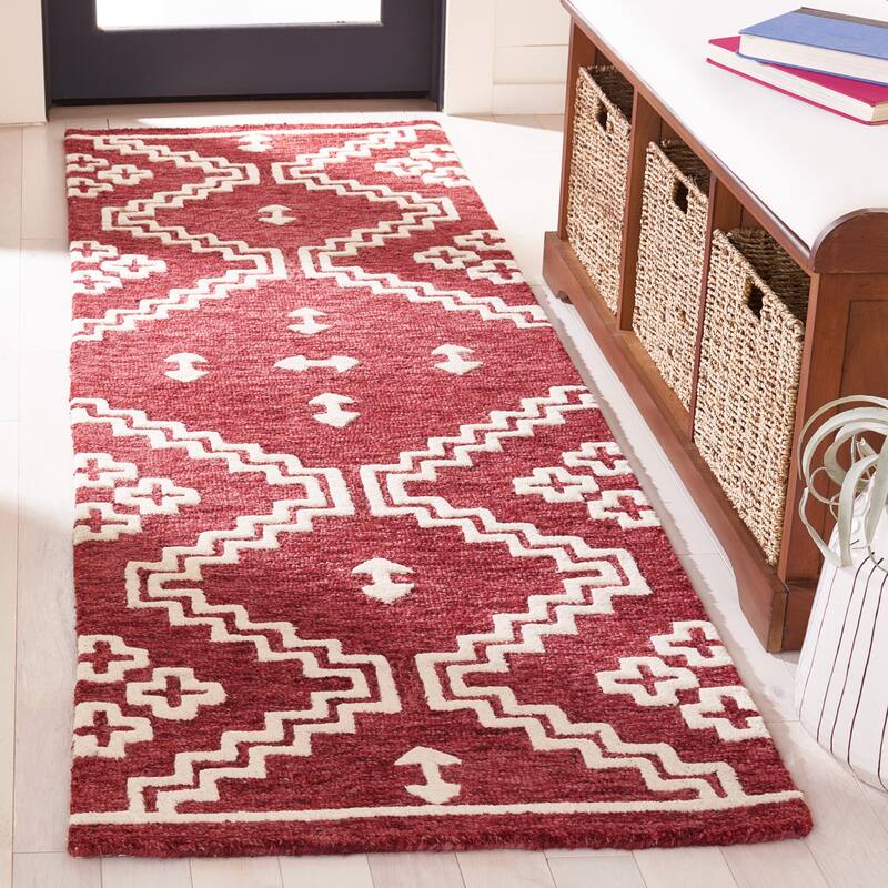 SAFAVIEH Handmade Abstract Ruveyda Modern Wool Rug - 2'3" x 8' Runner - Red/Ivory