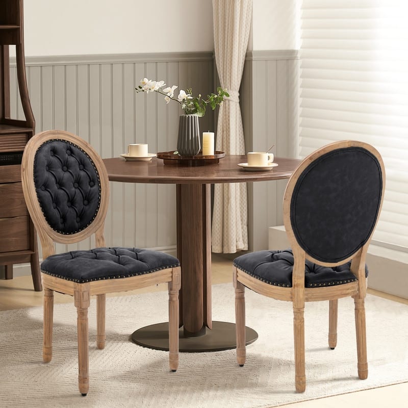 French Chair Dining Chair Solid Wood with Nailhead Trim Set of 2 - Black Leather