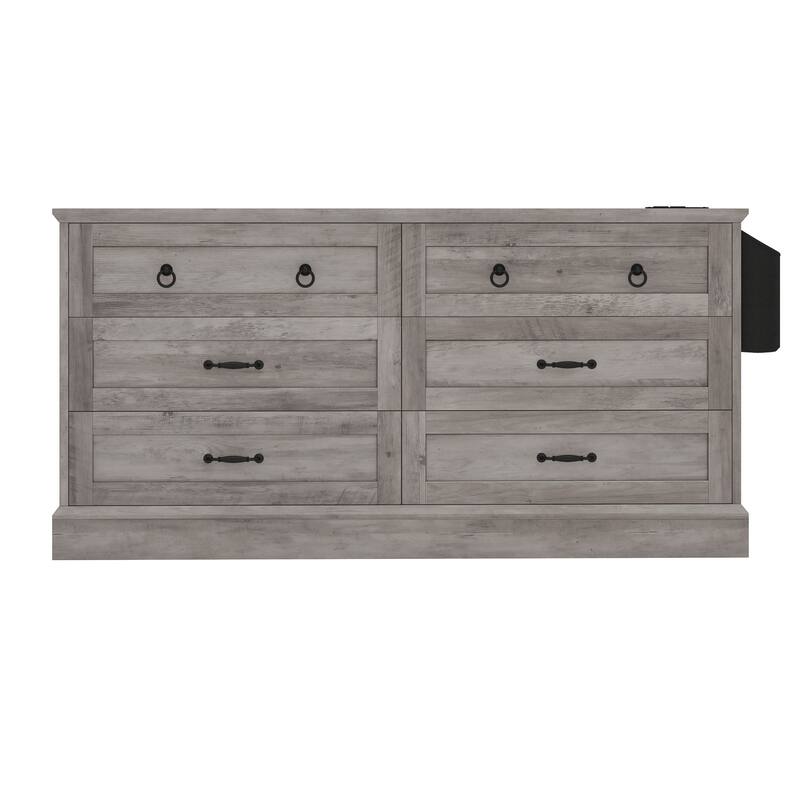 Moasis 59 Inch Farmhouse 6 Drawer Dresser for Bedroom Storage Organizer with Wood Finish and Metal Handles
