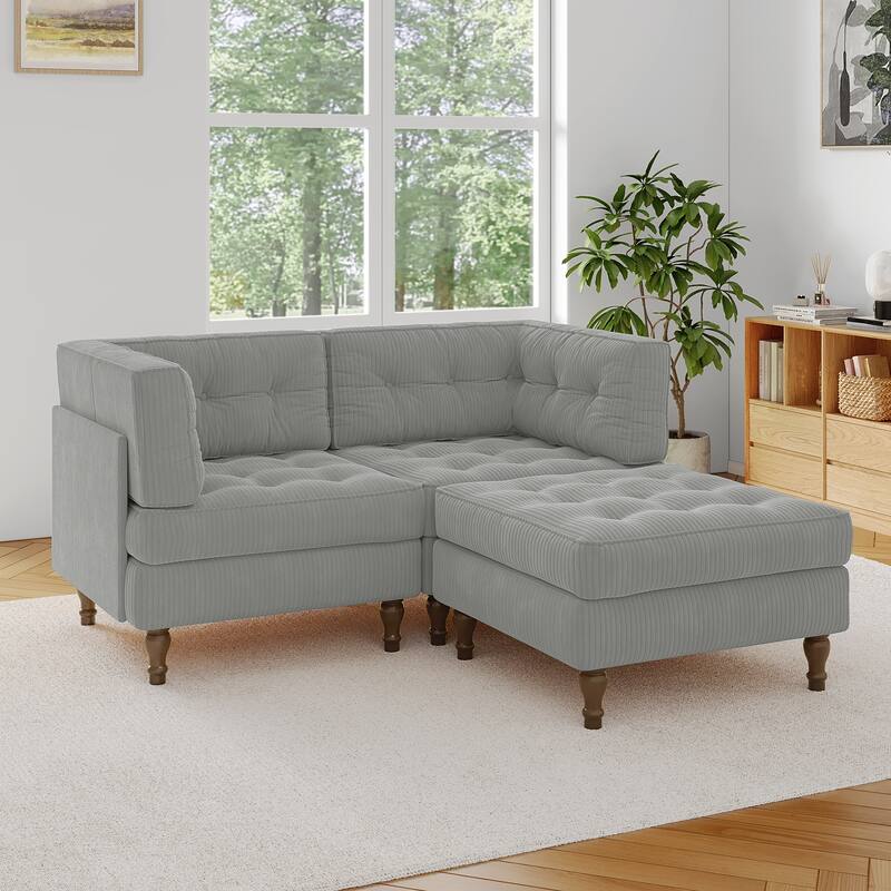 Corduroy Upholstered Modular Corner Sectional Sofa with Reversible Ottoman - Light Grey