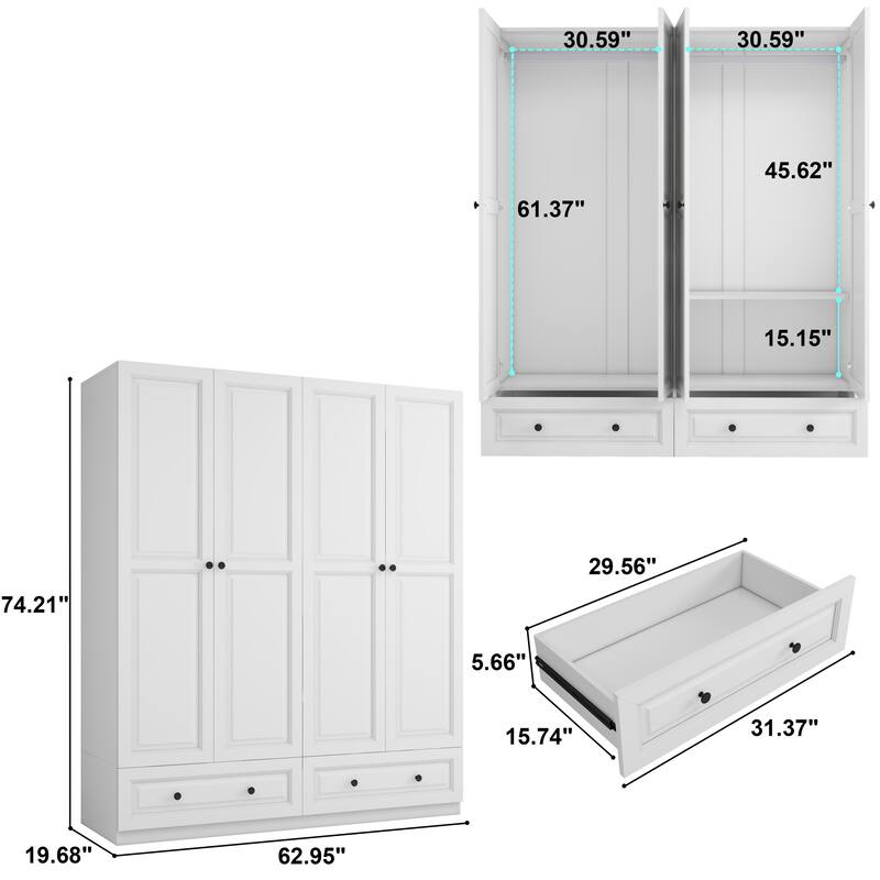 Versatile 4-Door Wardrobe with 2 Drawers, Spacious White Closet for Bedrooms or Guest Rooms - 63" in Width