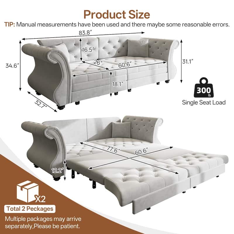 Anmytek Oversized Chesterfield Pull Out Sofa Bed Classic Roll Arm Velvet Couch in Light Grey