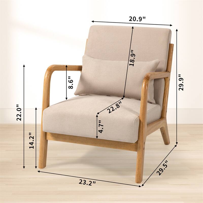 Modern Leisure Chair with Solid Wood Armrest and Feet - Beige