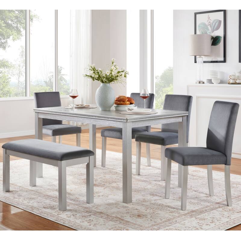 6 Piece Kitchen Dining Table Set, 58.5" Wooden Rectangular Table w/4 Upholstered Chairs and Bench, Dining Room Furniture for 6