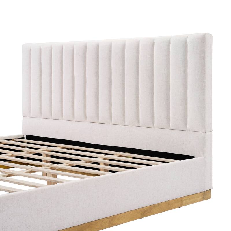 Upholstered Bed Frame Linen Fabric Platform Bed with 46''H Thick Headboard/Solid Wood Base/No Box Spring Needed/Noise Free/Beige