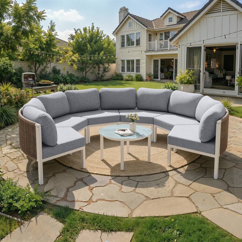Outdoor Half Moon Curved Sofa Rattan Sectional Sofa Patio Outdoor Conversation Sets - 6-seater + 1 table - Light Grey
