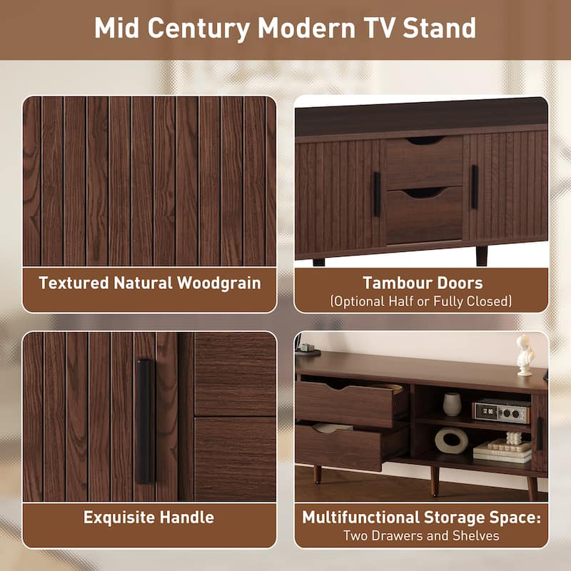 70" Mid Century TV Stand with Tambour Doors & Drawers, Media Console for 80" TVs, Living Room & Bedroom Storage