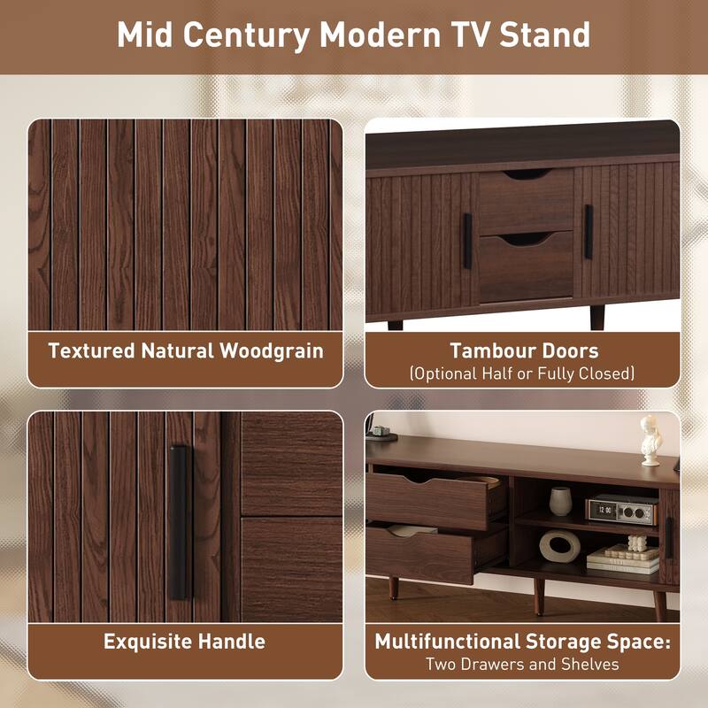 70 Inch Mid Century Modern TV Stand, TV Stand for 80 Inch TV, TV Stand with Tambour Doors, Drawers and Power Outlet