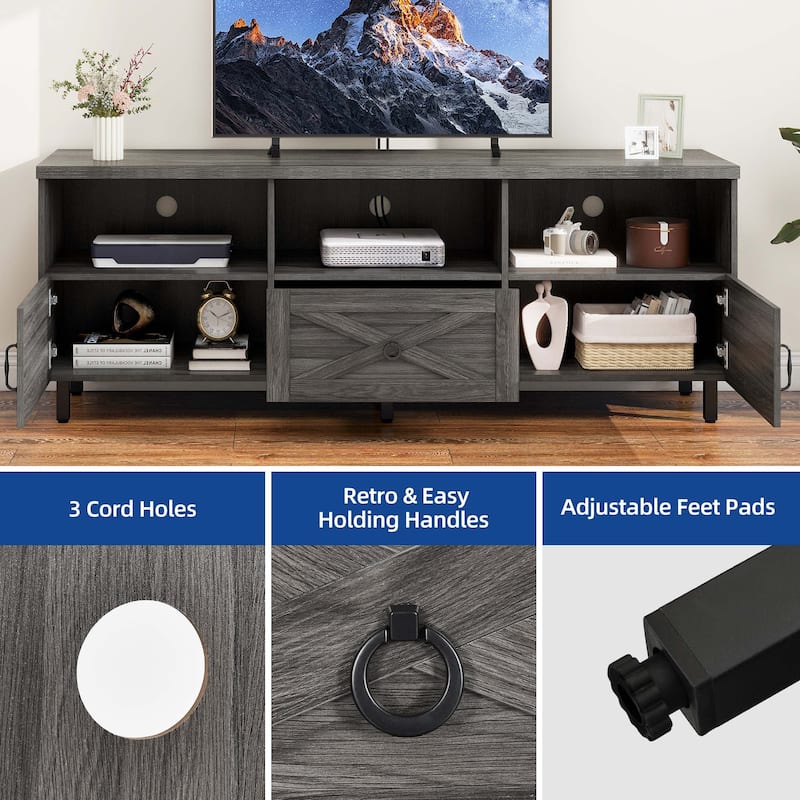Moasis Farmhouse TV Stand for TVs up to 70" w/ Storage Shelves, Entertainment Center Media Console with Drawer