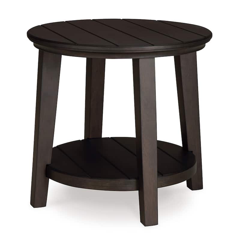 Liu Side End Table w Bottom Shelf, 26 Inch Round Cherry Brown Plank