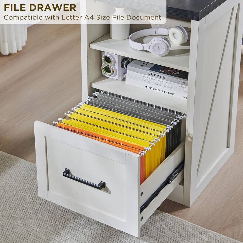 Modern Farmhouse Home Office Desk, Computer Desk with File Cabinet