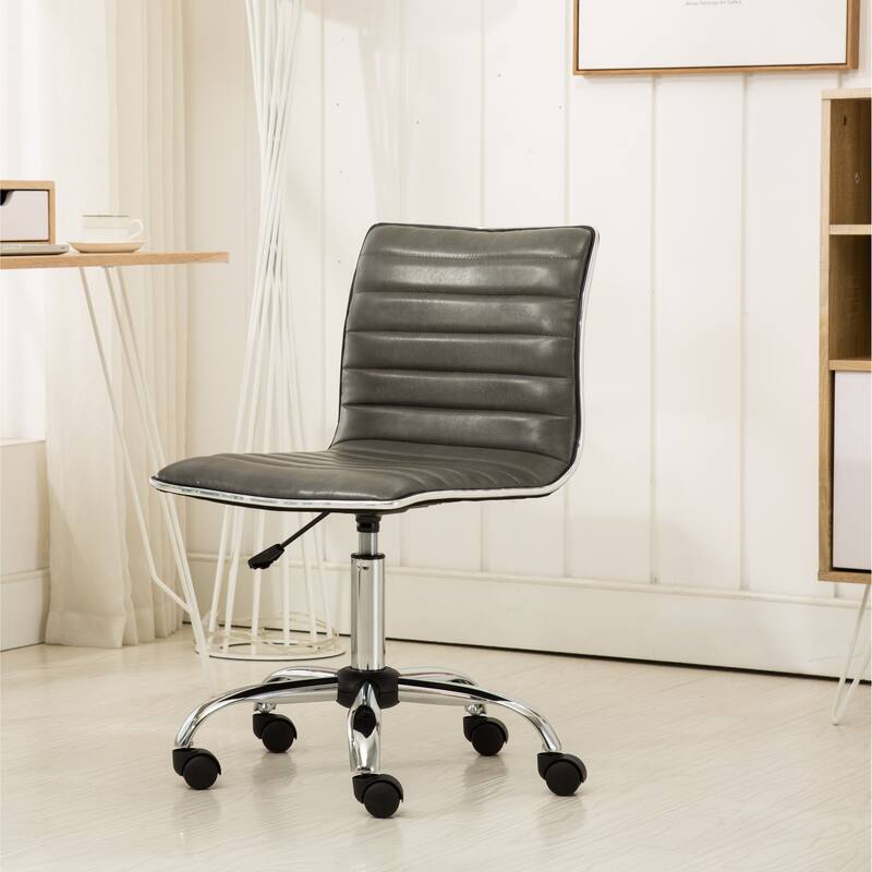 Cute Armless Office Chair, Leather Computer Desk Chair, Vanity Task Chair with Adjustable Height, Swivel Wheels, Mid Back