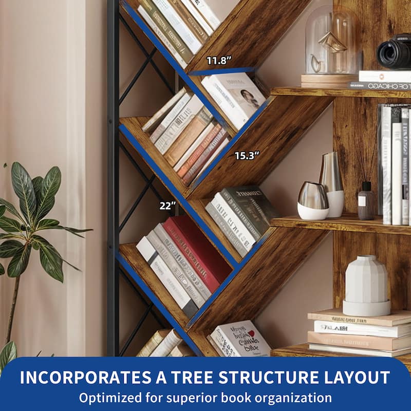 Moasis Wood 5-Tier Large Tree Bookshelf Industrial Open Etagere Bookcase