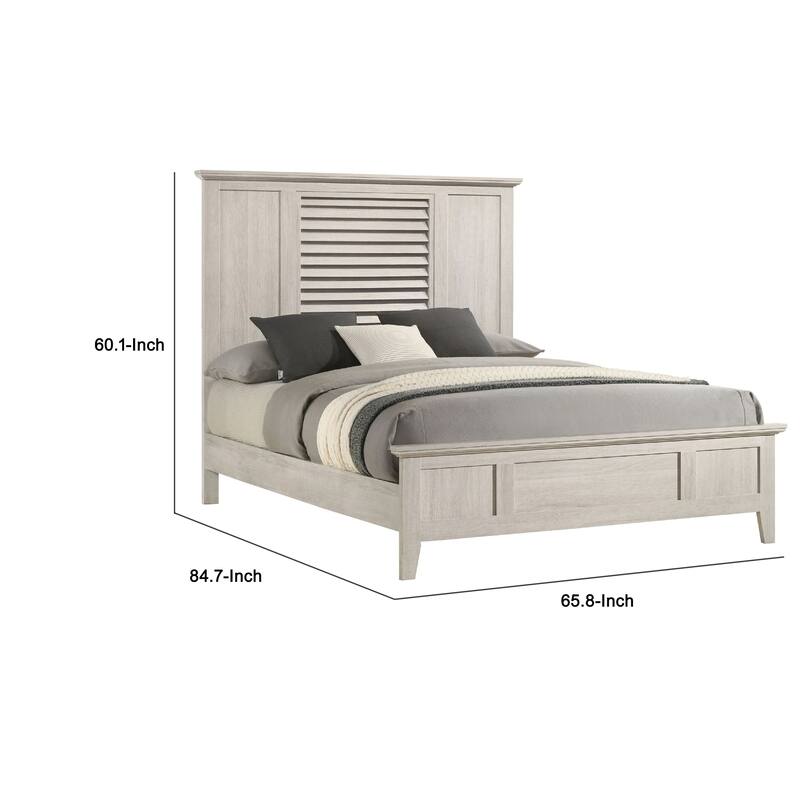 Sary Queen Size Bed w Tall Louvered Headboard, Tapered Front Legs, Off White