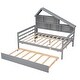 preview thumbnail 6 of 11, Roof Design Storage Platform Bed Full Size Daybed with Trundle Bed and Open Storage Shelves, Pine Wood Frame Sofa Bed, Gray