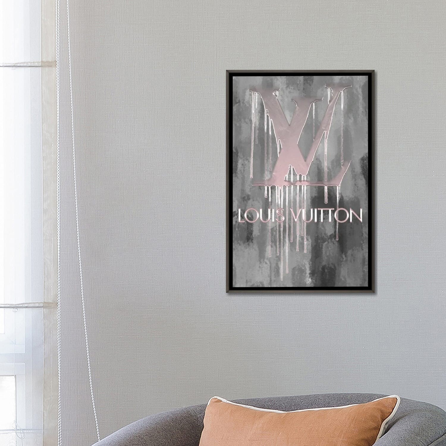 Framed Canvas Art (Gold Floating Frame) - Fashion Drips LV Pinkly by Pomaikai Barron ( Fashion > Fashion Brands > Louis Vuitton art) - 26x18 in