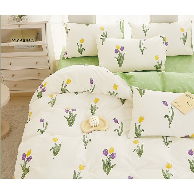 Amy Tulip Farmhouse White Purle 100% Cotton Reversible Comforter Set Queen