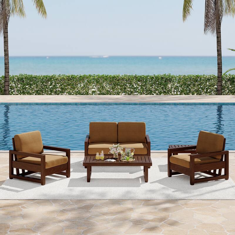 5-Piece Patio Wood Conversation Set with Loveseat, Chairs and Tables - Light Brown/Tan wood