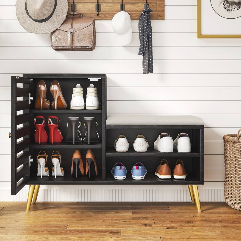 VECELO L-Shaped Entryway Bench with Cushion Shoe Storage Bench with Louvered Door & Open Shelves Hallway Seat Organizer