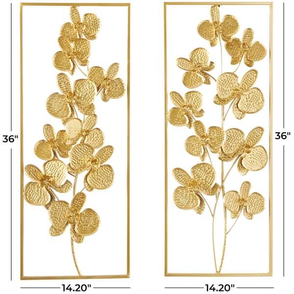 CosmoLiving by Cosmopolitan Gold Metal Orchid Floral Home Wall Decor with Gold Frame (Set of 2)