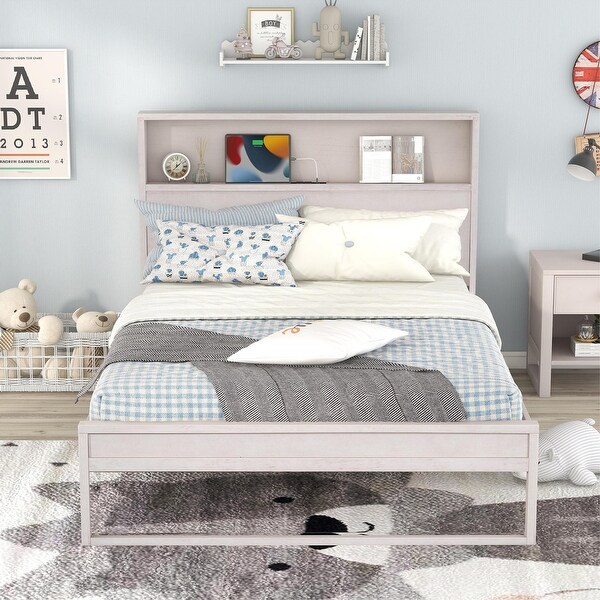 White Full Rustic Platform Bed with USB Interface and Storage Headboard Antique White