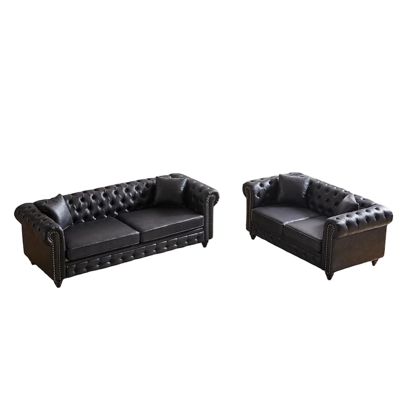 Loveseat Sofa +3 Seater Sofa Set of 2, Button Tufted Chesterfield Couches, Tech Leather Fabric Upholstered Deep Seat Sofas