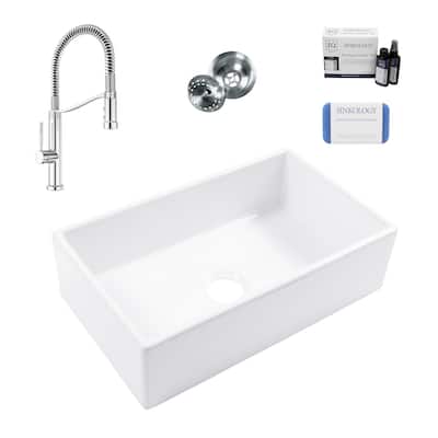Turner Crisp White Fireclay 30" Single Bowl Farmhouse Apron Front Undermount Kitchen Sink with Bruton Chrome Faucet Kit
