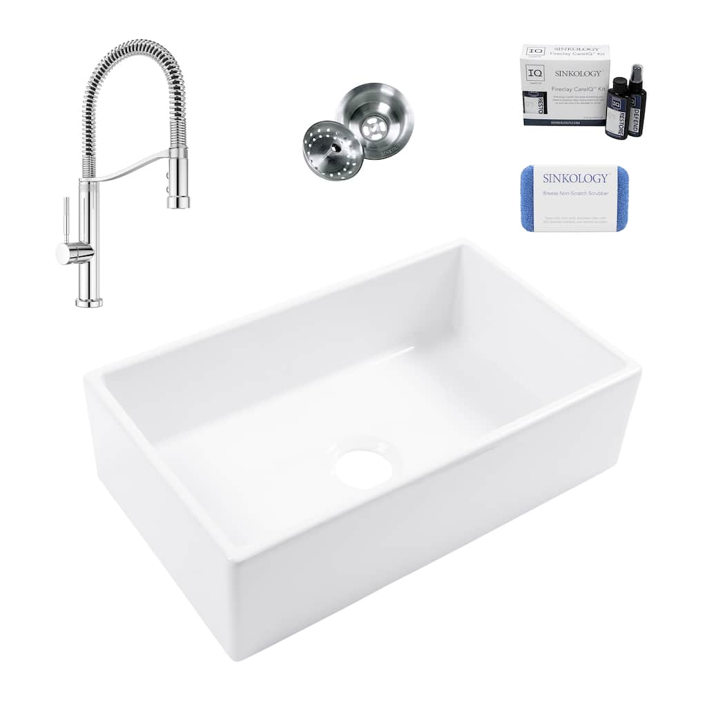 Turner Crisp White Fireclay 30" Single Bowl Farmhouse Apron Front Undermount Kitchen Sink with Bruton Chrome Faucet Kit