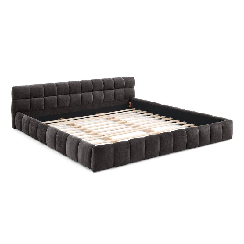 California King Upholstered Platform Bed with Headboard, Dark Gray, Modern Design, No Box Spring Needed