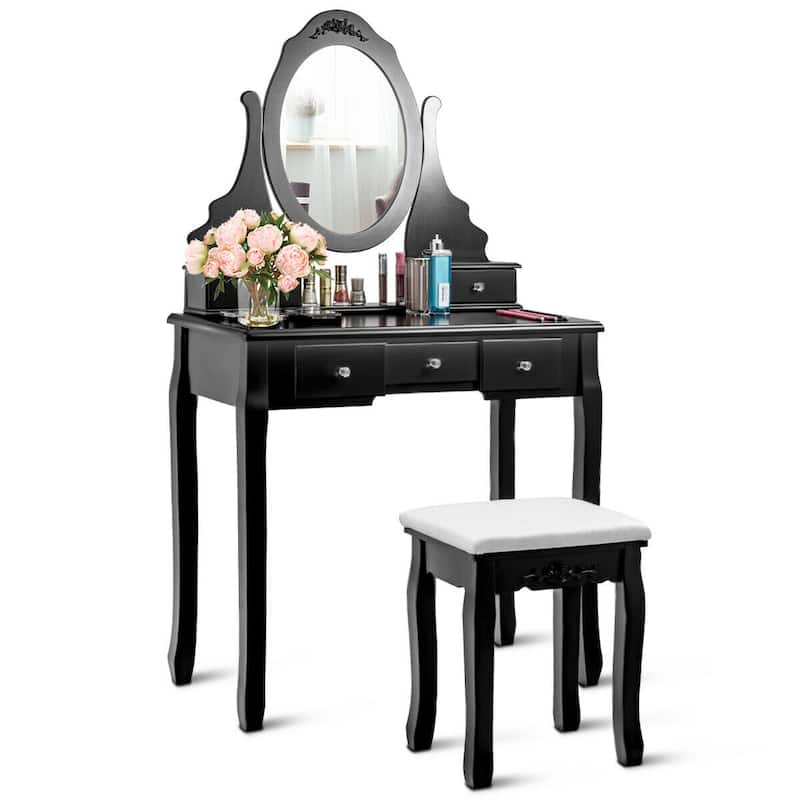Gymax Vanity Jewelry Wooden Makeup Dressing Table Set W/Stool Mirror &