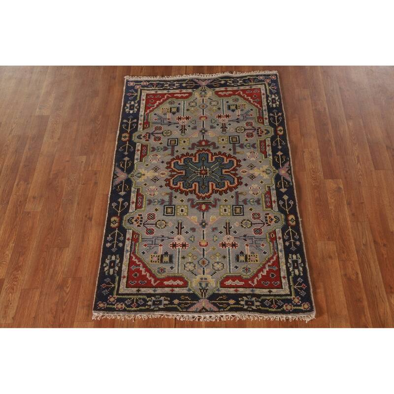 Grey Geometric Kazak Indian Rug Handmade Wool Carpet - 3'0"x 4'10"